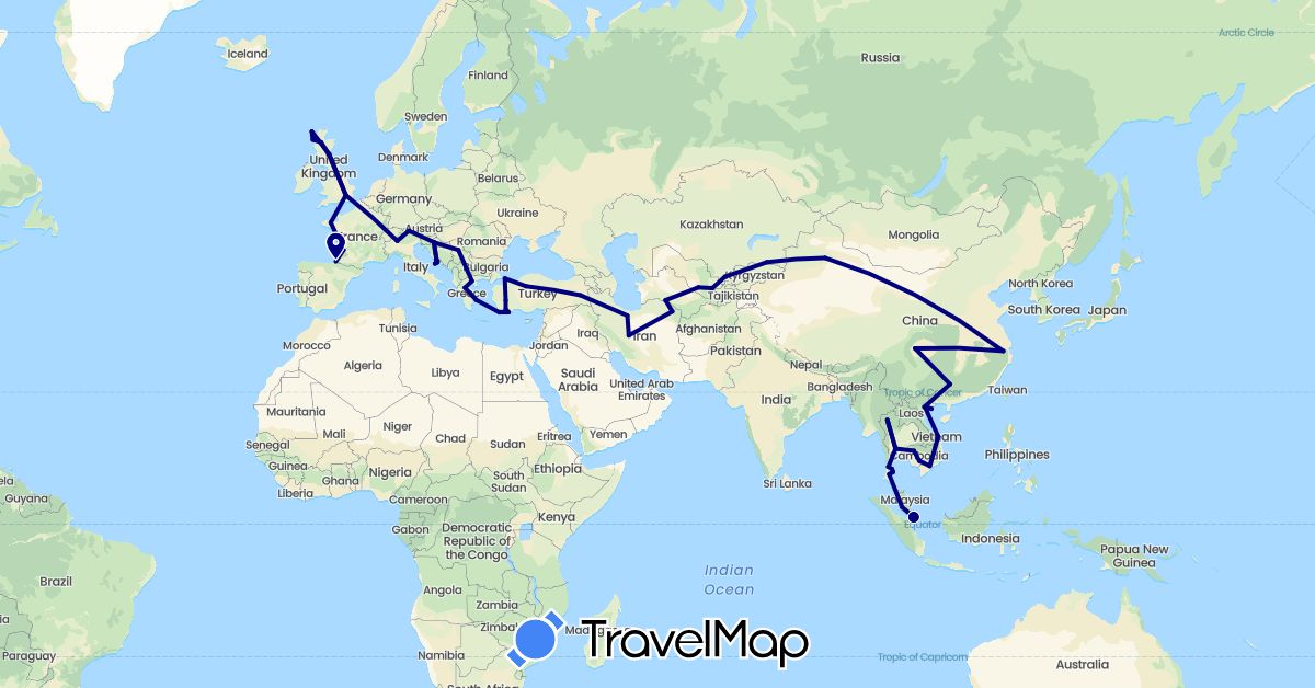 TravelMap itinerary: driving in Austria, China, Spain, France, United Kingdom, Greece, Croatia, Iran, Italy, Cambodia, Malaysia, Serbia, Singapore, Thailand, Turkmenistan, Turkey, Uzbekistan, Vietnam (Asia, Europe)
